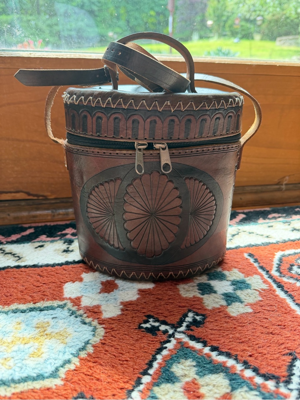 Artisan Brown Leather Vintage HandBag- Bucket Bag Style- Handtooled Cow Hide